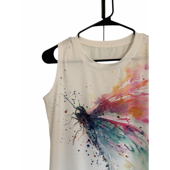 Women's Small White Mulitcolor Dragonfly Print Sleeveless Round Neck Loose Tank - Picture 9 of 14
